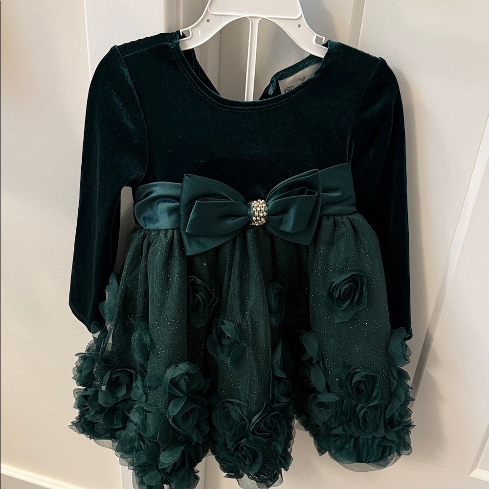 Rare Editions Dark Green Velvet Dress with Bow